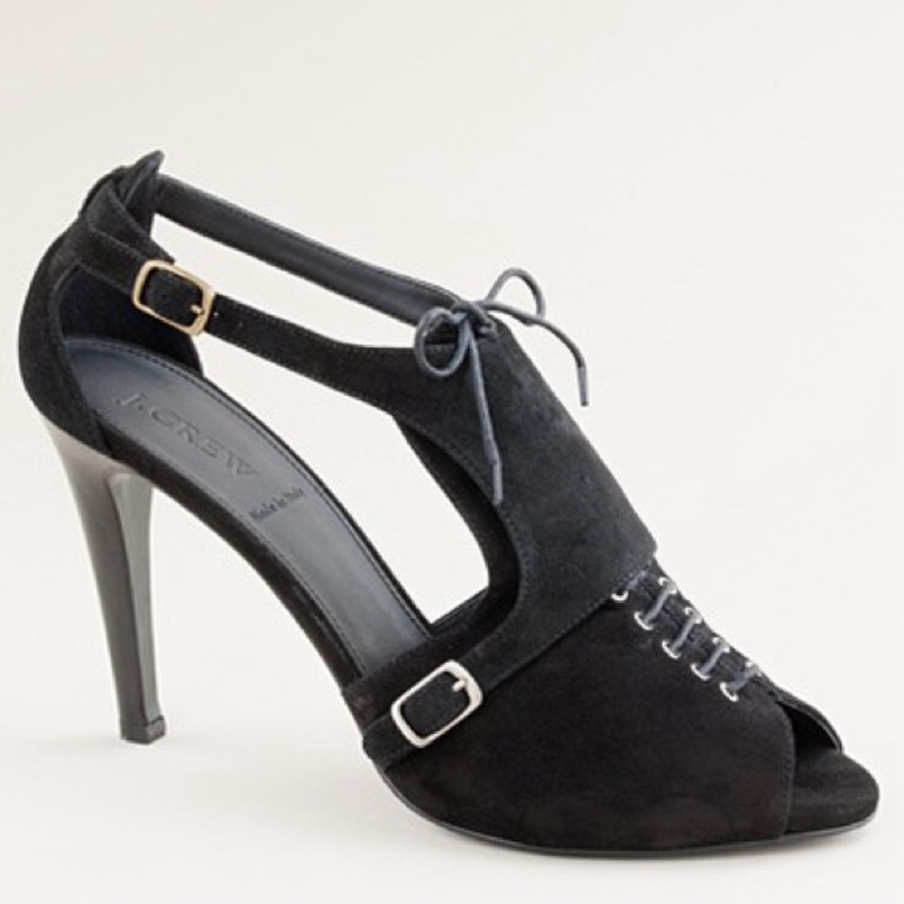 J. Crew Greer Black Suede Open Toe Lace Up Heels